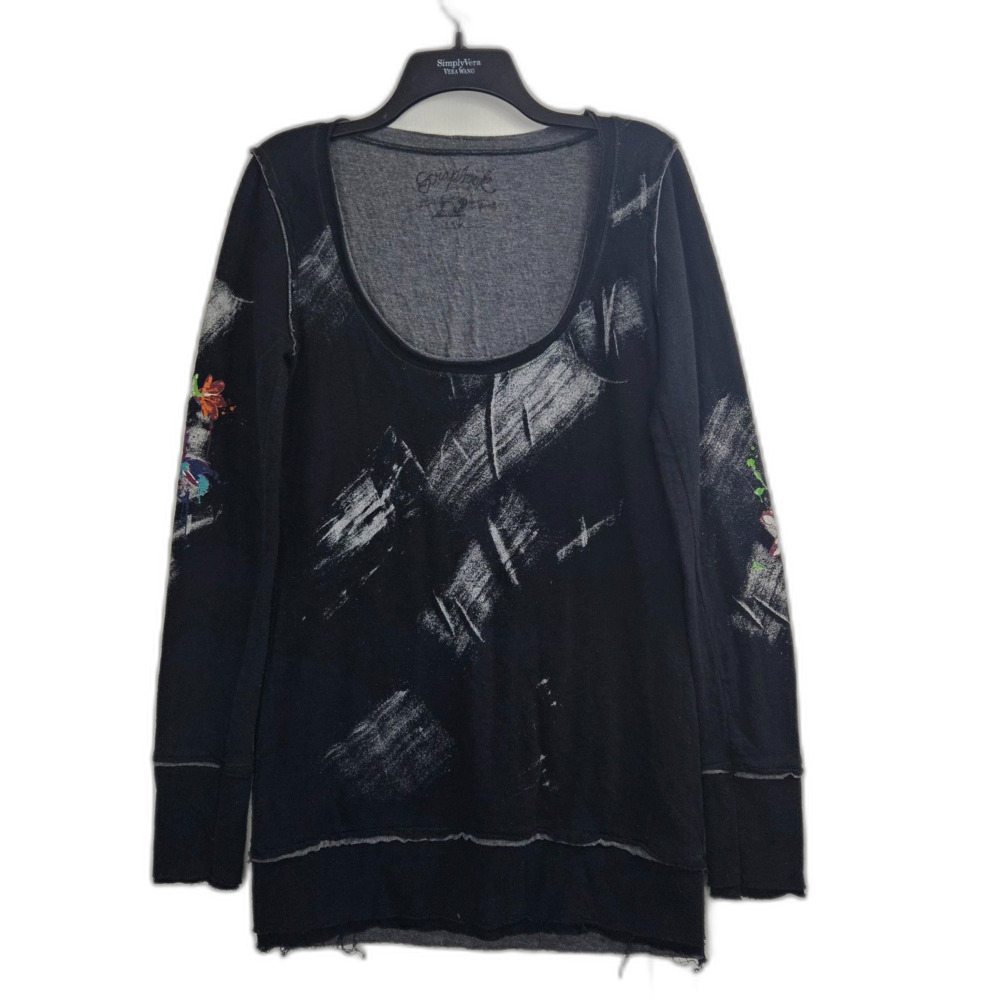 Uber Y2K Slim Fit Long Double Layer Tee Scrapbook Painted Look Women's Large